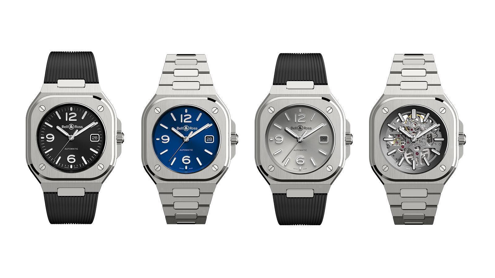 2019年推出的 BR 05（由左至右）BR 05 Black Steel NT$ 149,000、BR 05 Blue Steel NT$ 168,000、BR 05 Grey Steel NT$ 149,000、BR 05 Skeleton NT$ 220,000（鏤空版限量500只）