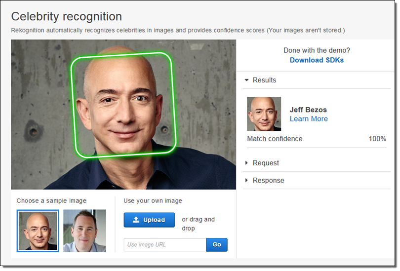亞馬遜宣布暫停提供警方使用臉部辨識科技平台Rekognition。（網路截圖：Amazon/aws）