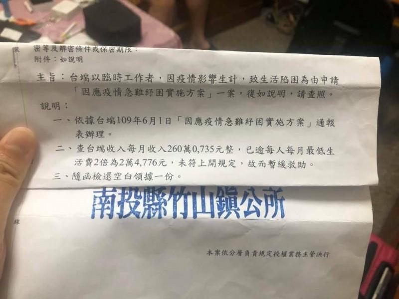 一名網友就貼出申請紓困不過，原因竟是「月收入260萬」。（翻攝自臉書社團「竹山朋友聊天室」）