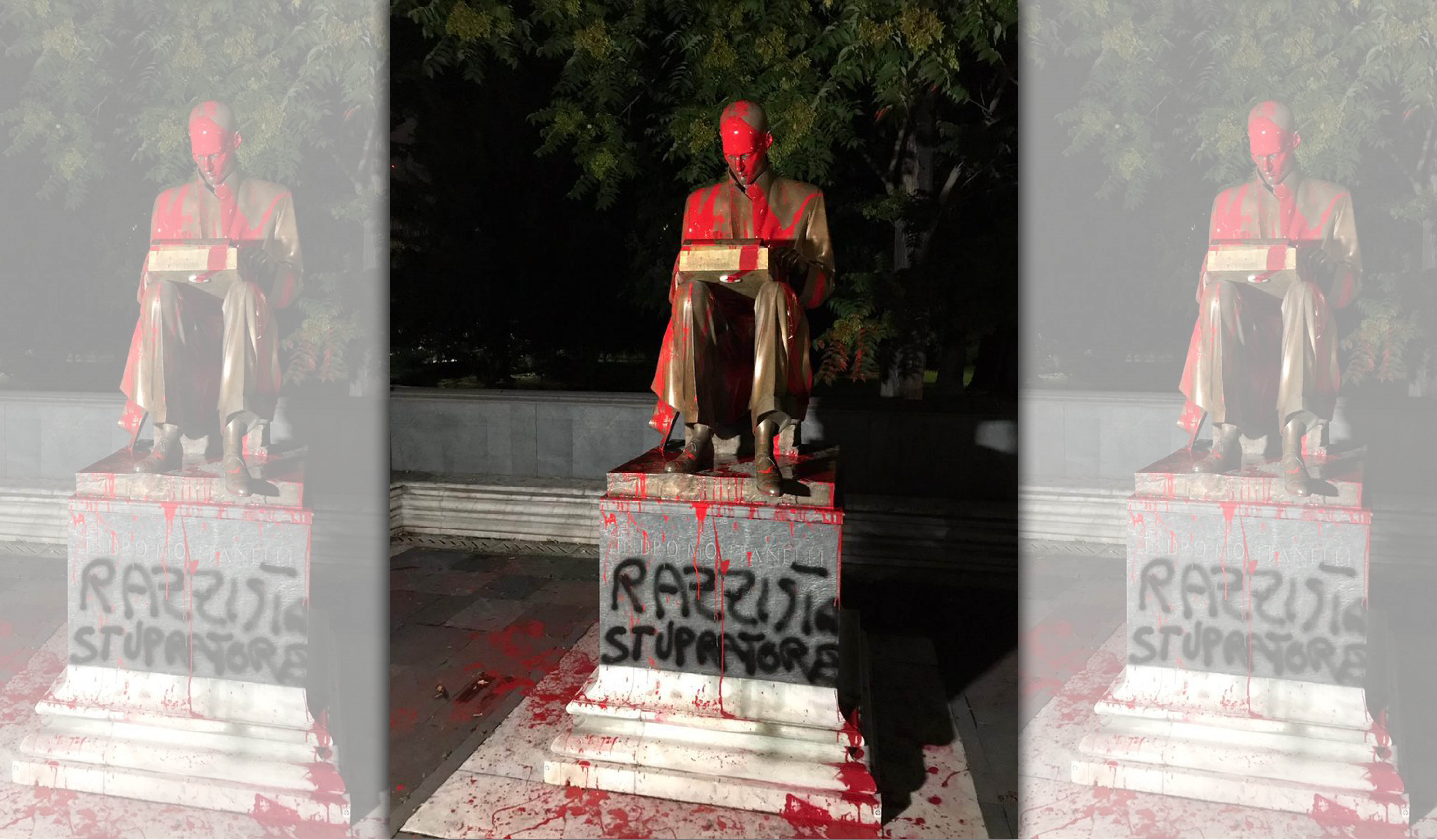 義大利知名記者蒙塔奈利（Indro Montanelli）在米蘭的雕像日前被噴灑紅漆，還寫上「種族主義者」「強姦犯」等字樣。（翻攝自@luigi_crv推特）