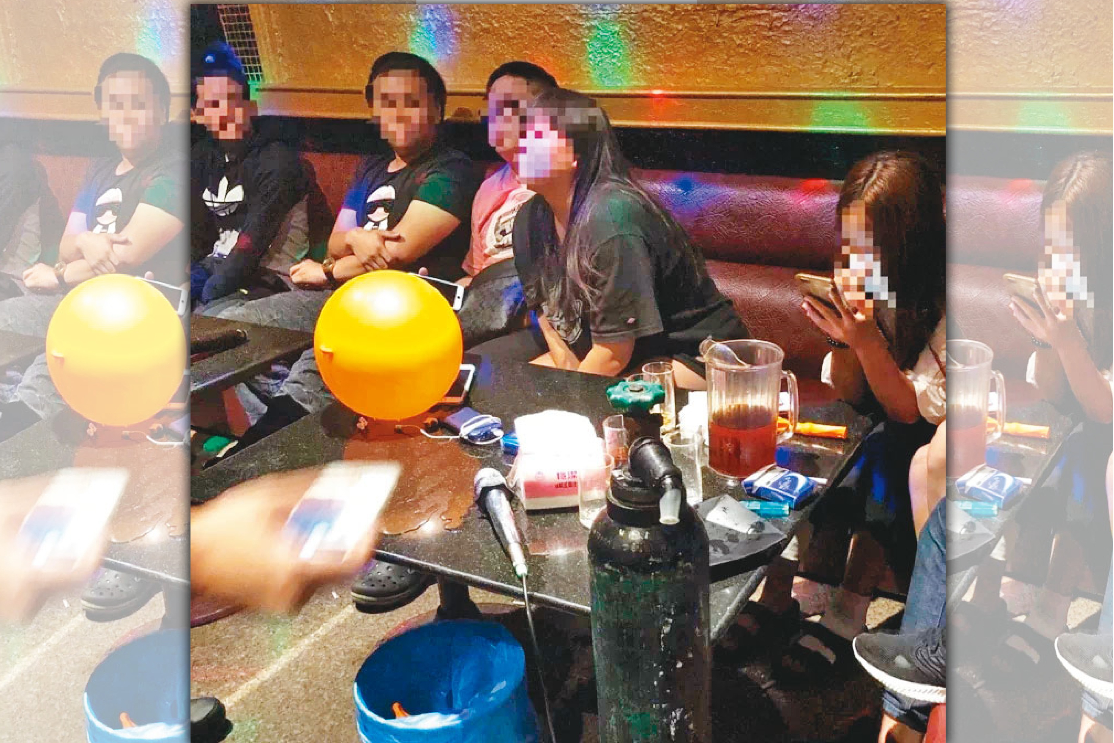 笑氣成為年輕人開趴的新寵，KTV甚至可見鋼瓶及吸食用的氣球。（翻攝畫面）