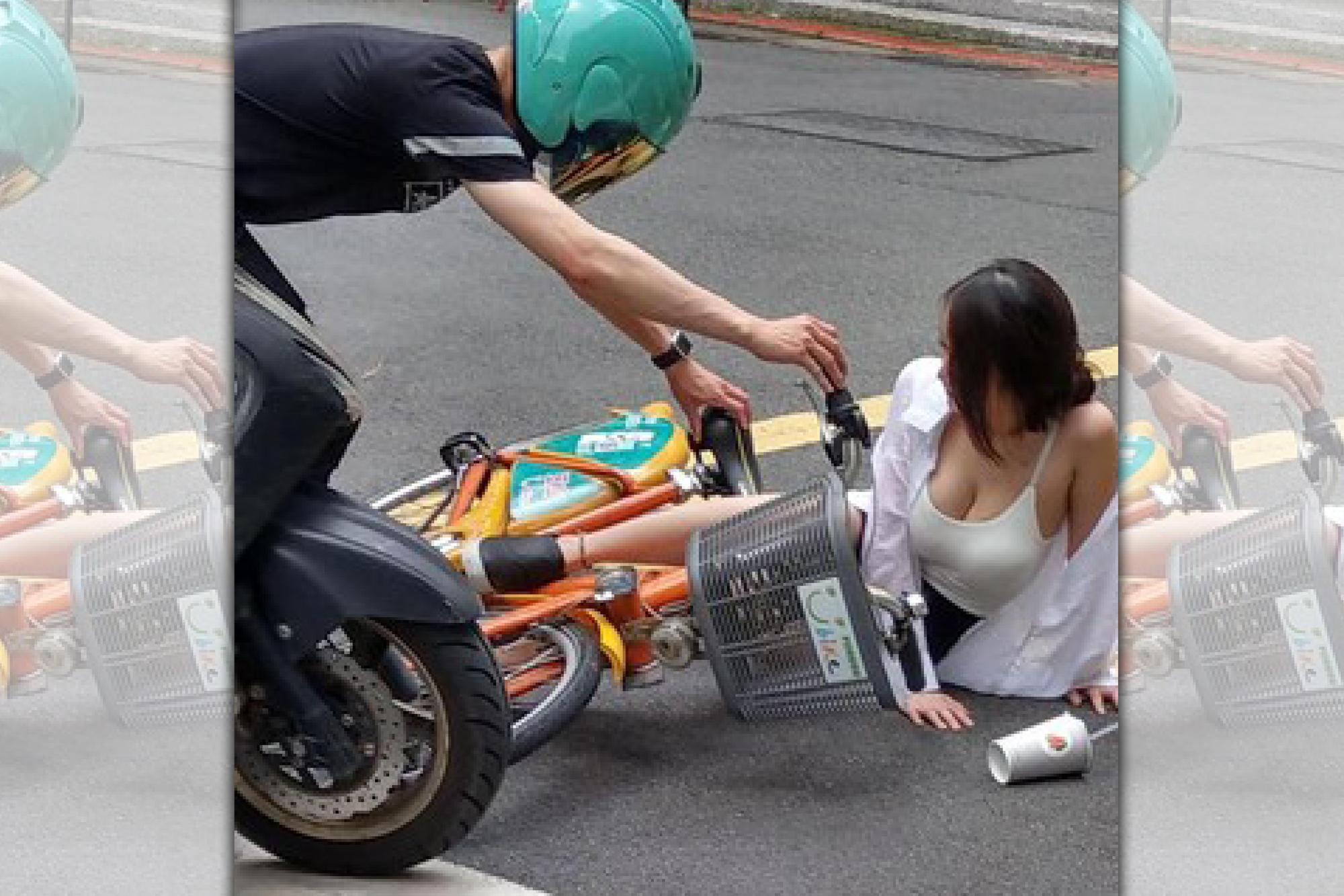 細肩帶正妹騎Ubike摔車，胸前長輩引起關注。（翻攝自臉書）