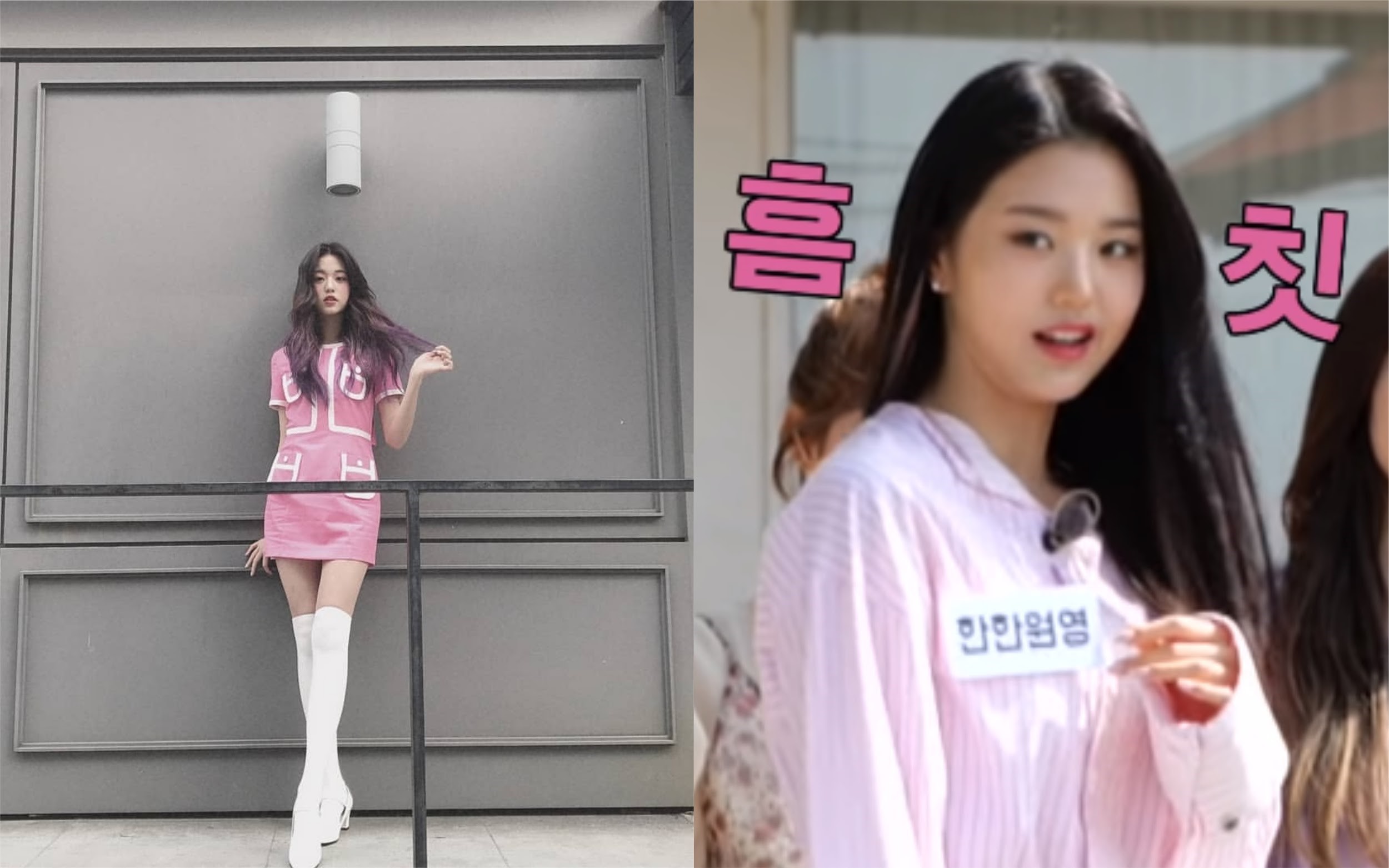 「IZ*ONE」張員瑛（圖）年僅15歲仍在發育，被問真實身高一秒慌張變臉。（左圖翻攝IZ*ONE IG，右圖翻攝《K-POP STAR》）