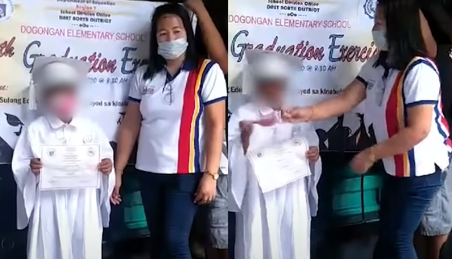 菲律賓一所小學的畢業典禮，竟然出現讓畢業生輪流戴同一片口罩的情況。（翻攝YouTube《ABS-CBN》）