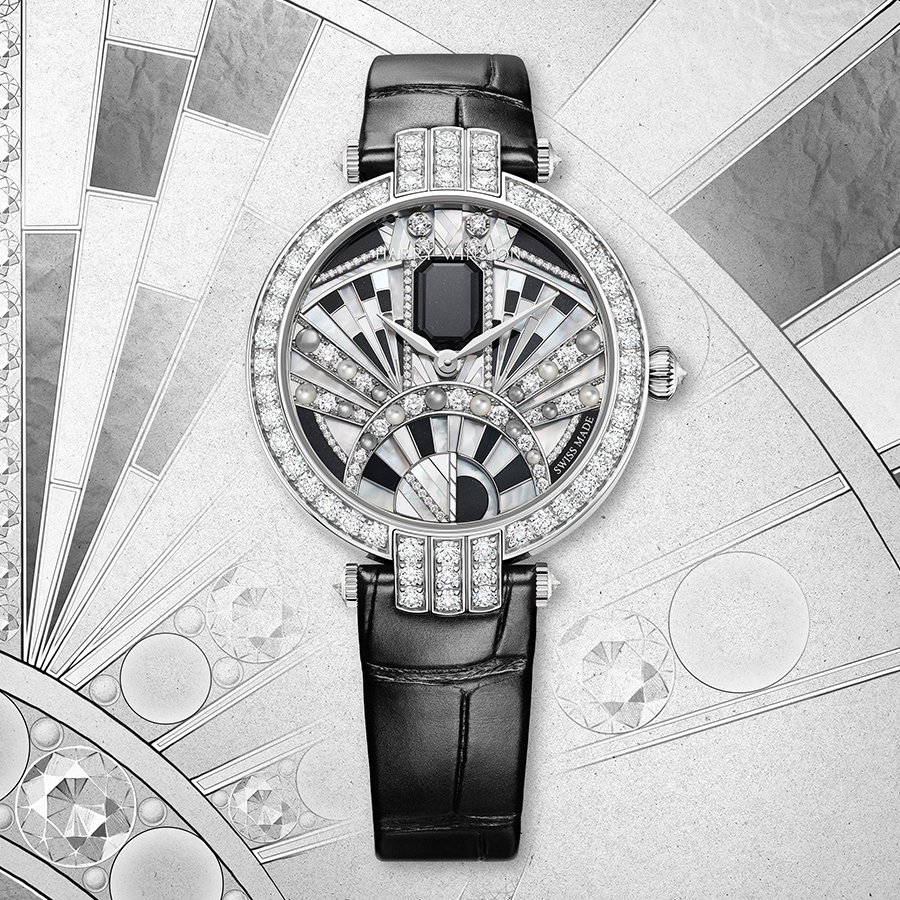 錶徑36mm/18K白金材質/時間指示/HW2008自動上鏈機芯/鑲嵌162顆圓形明亮式切工鑽石(約2.90克拉)、1顆祖母綠型切工黑玉/防水30米