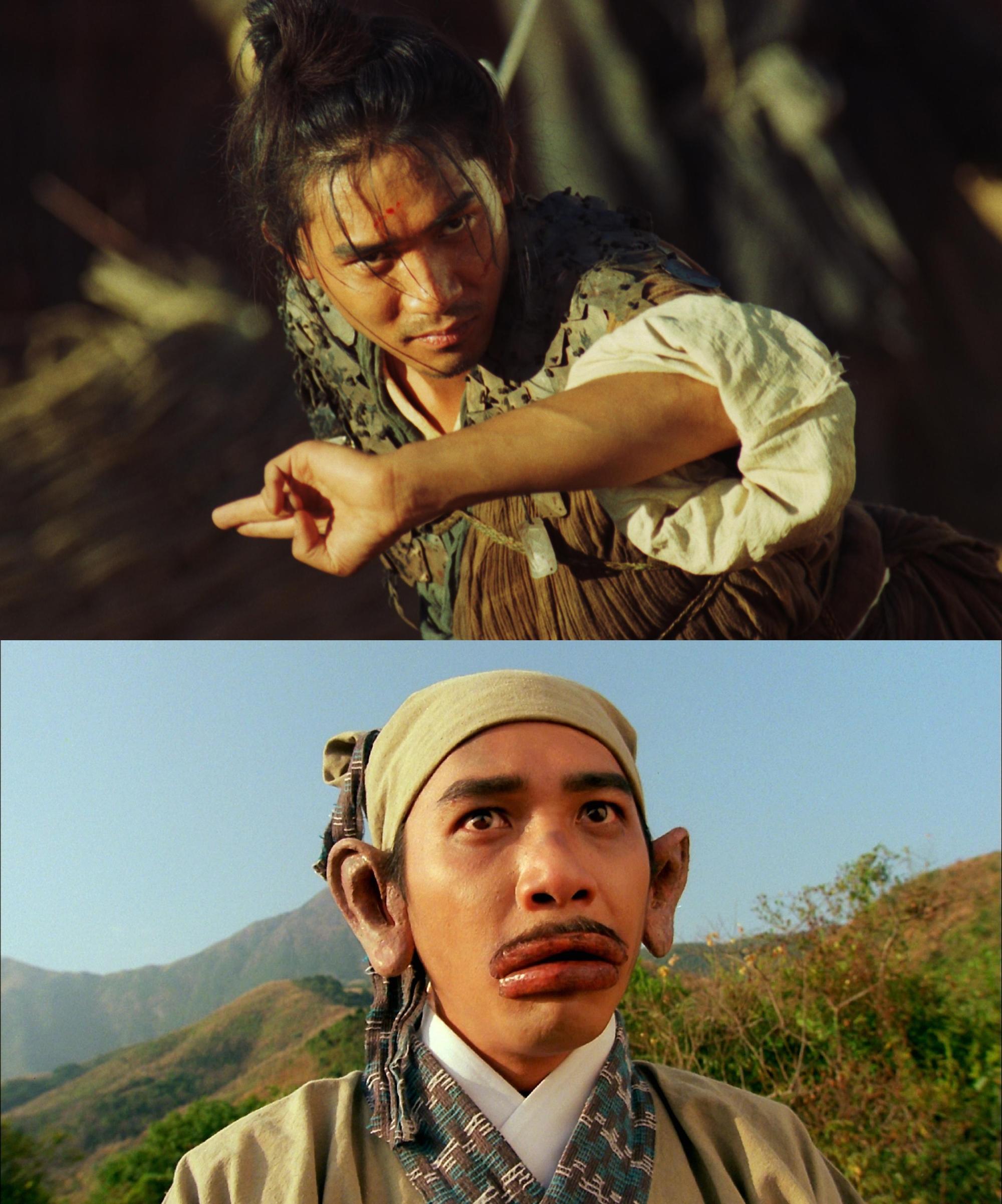同時要扮演《東邪西毒》的盲劍客(上)及《東成西就》的香腸嘴「西毒歐陽鋒」(下)的梁朝偉，演技精湛如他也拍到混亂「我不知道我是誰」。（CatchPlay提供）