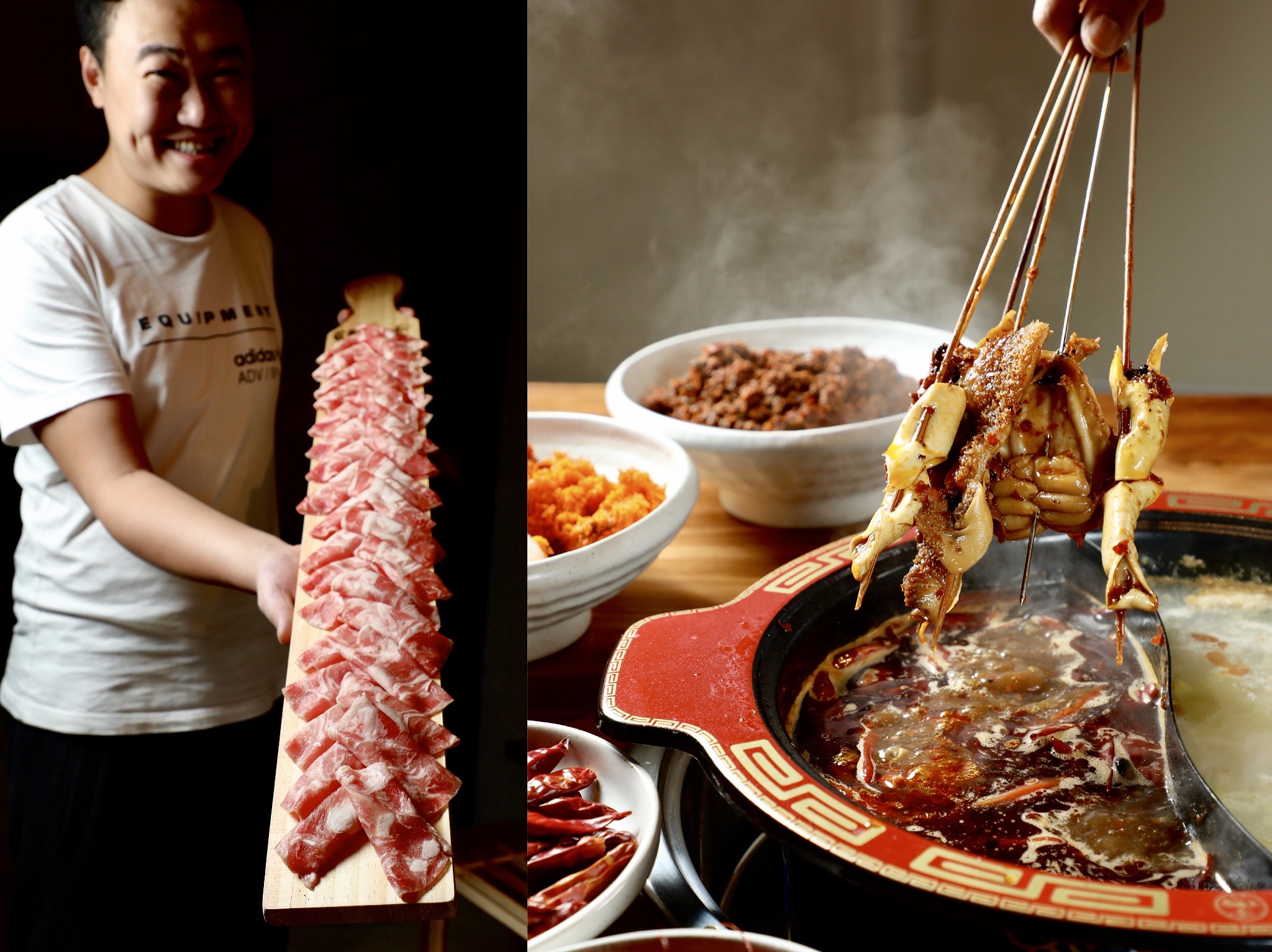 「辣二爺」麻辣涮串的湯底油香濃郁，以14種中藥材熬煮。