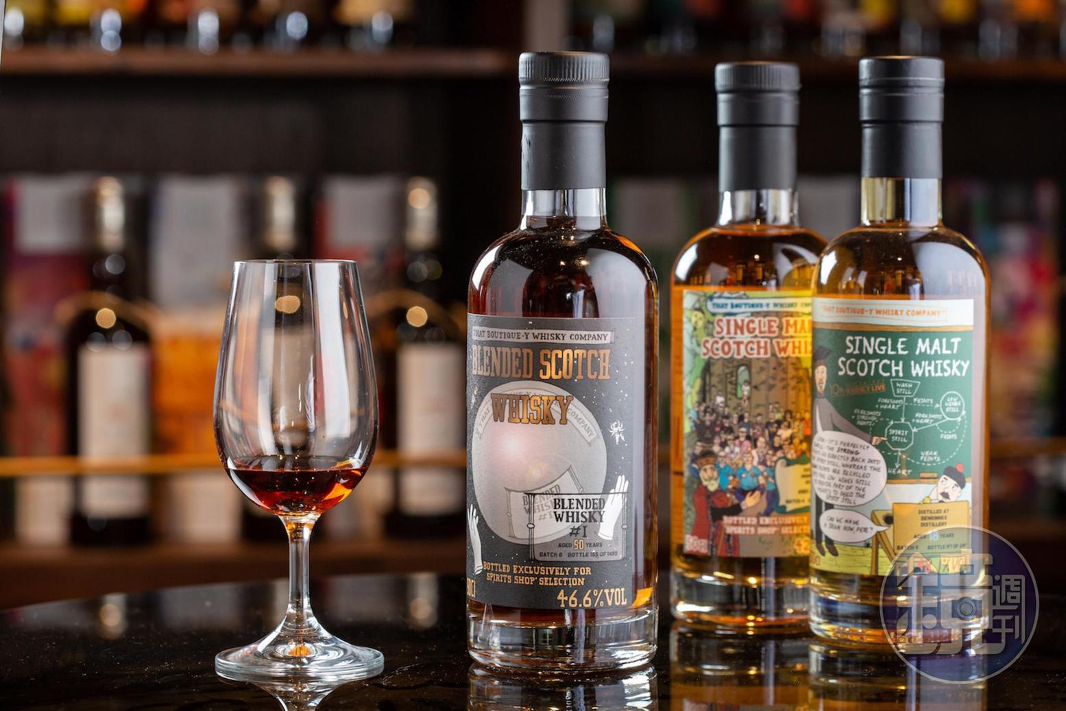 That Boutique-y Whisky推出的台灣限定版，都有一神祕「千手男」在酒標中。（4,800元～20,000元／瓶）