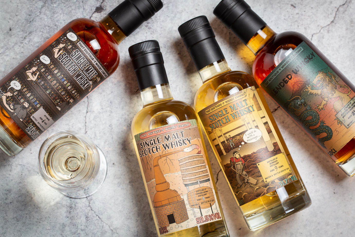 That Boutique-y Whisky將其裝瓶的酒廠特色，以漫畫酒標凸顯，如強調地板發麥的BenRiach酒廠。（2,400元～5,800元／瓶）