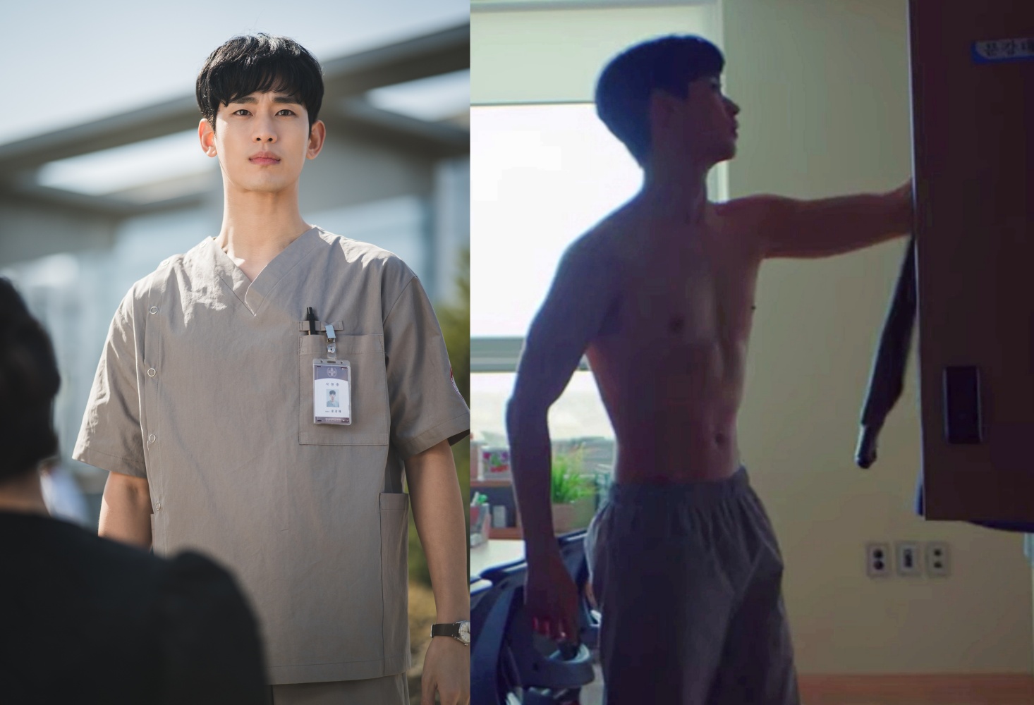 金秀賢在《雖然是精神病但沒關係》第一集露很大。（左圖Netflix提供，右圖翻攝Netflix）