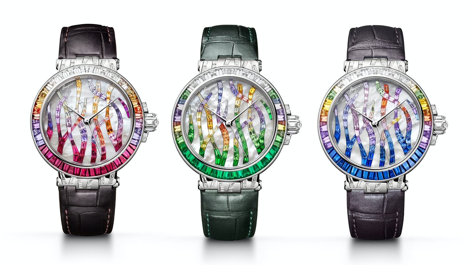Marine Haute Joaillerie 9509 Poseidonia高級珠寶腕錶｜錶徑35.8mm、18K白金材質、時間指示、591C型自動上鏈機芯、建議售價NT$ 8,257,000（藍寶石及紅寶石款）、NT$ 8,917,000（綠寶石款）