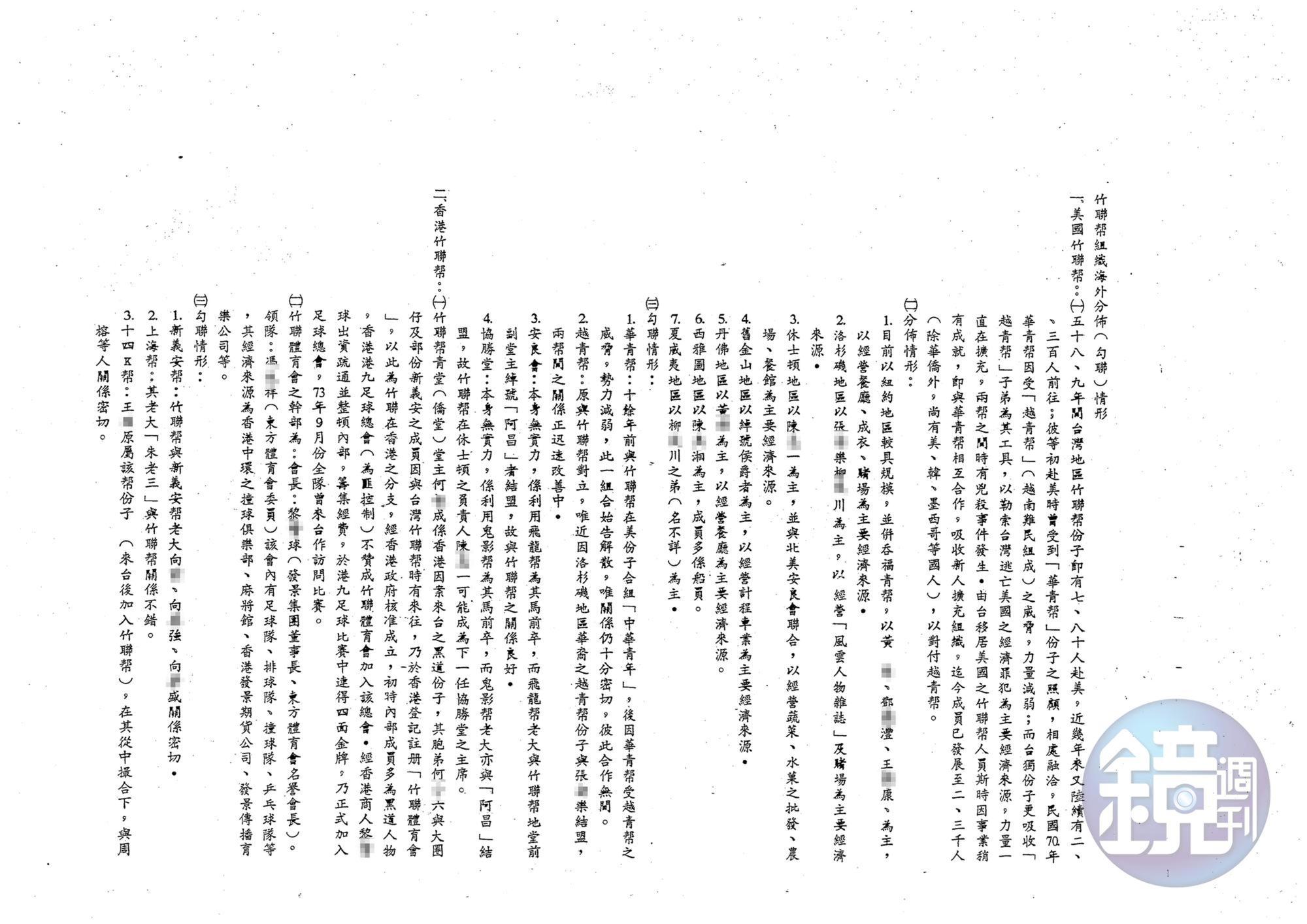 本刊取得警備總部發動一清專案時編列成冊的機密資料「竹聯幫組織沿革表」，裡頭記載著竹聯幫依附黨國政府的細節。（密件11）