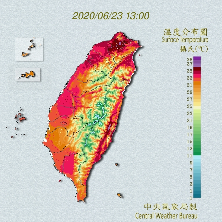 受太平壓高壓及西南風沉降影響,台灣幾乎成了紅番薯。(翻攝自中央氣象局)