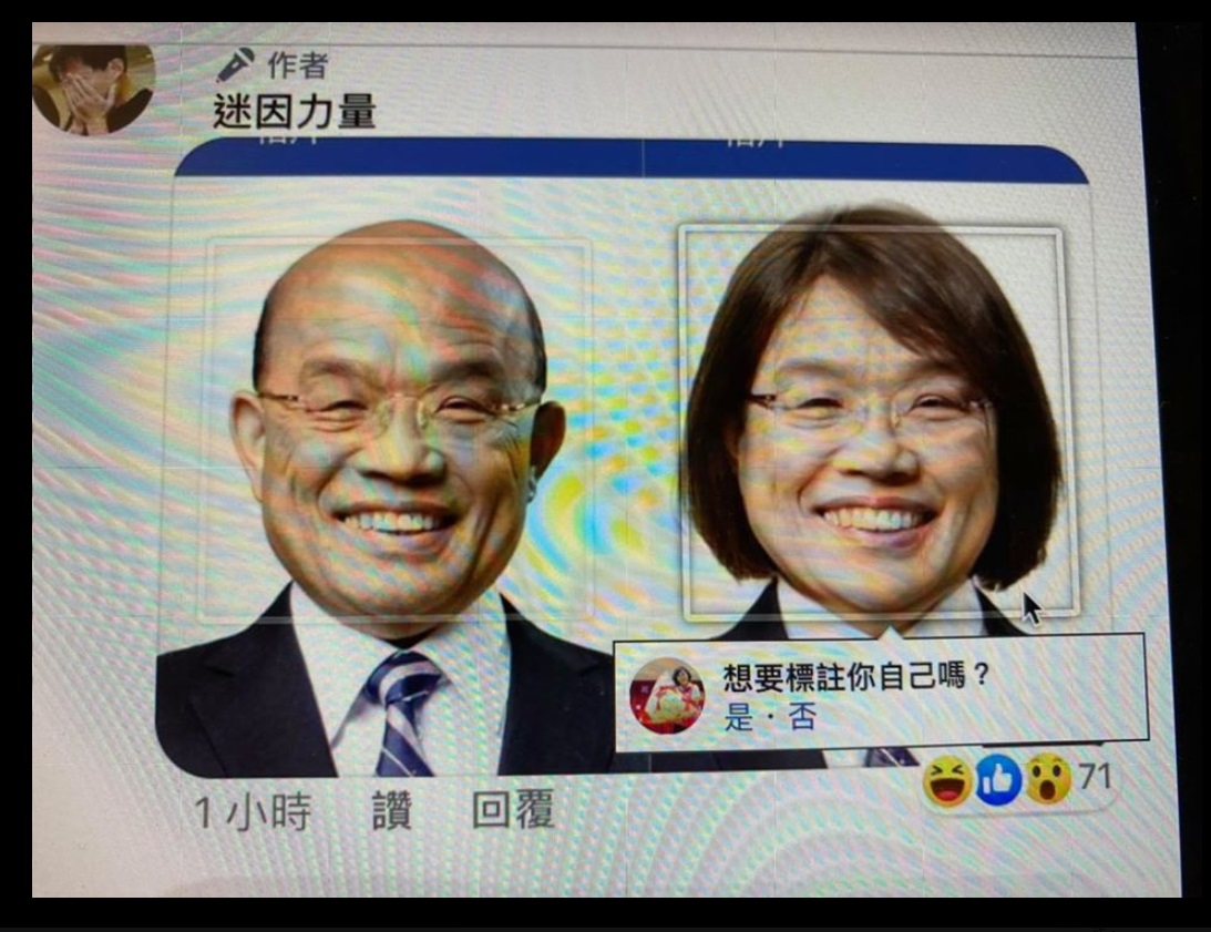 蘇巧慧在臉書上傳一張蘇貞昌的性轉照，沒想到臉書卻問她「想要標註你自己嗎？」讓她哭笑不得。（翻攝自蘇巧慧臉書）