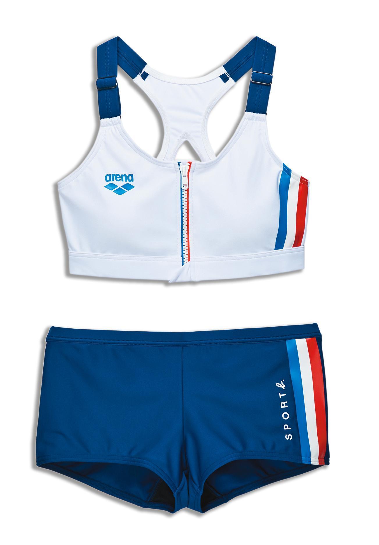 女裝Bra Top白藍運動型泳裝。NT$3,280。（agnès b. Taiwan提供）