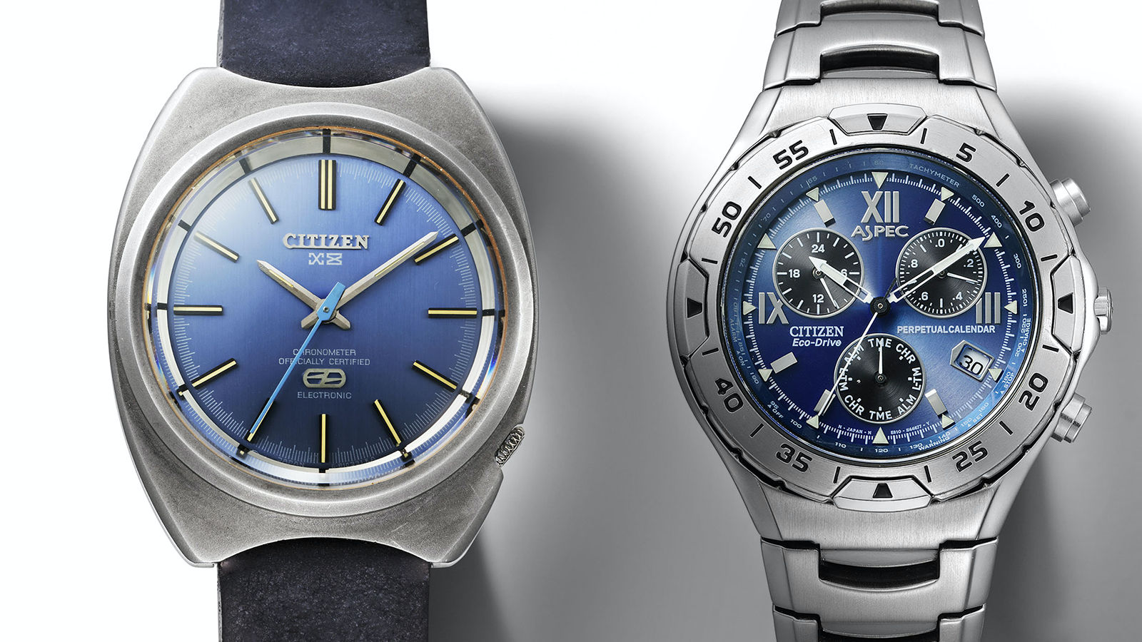  1970年CITIZEN推出的首款鈦金屬手錶X-8 Chronometer（圖左），到了2000年品牌則進一步研發出超級鈦材質，Aspec是第一只以超級鈦製作的腕錶（圖右）。