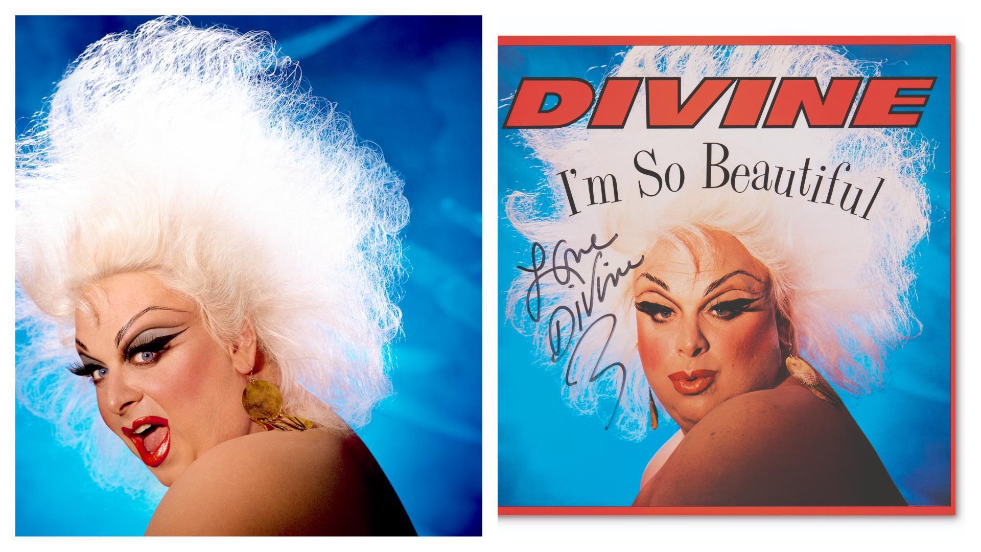 由Greg Gorman於1984年攝影的Divine肖像照（左），與1984年Divine簽名的《I’m So Beautiful》12吋單曲黑膠唱片（右），同樣由Greg Gorman攝影。（LOEWE提供）