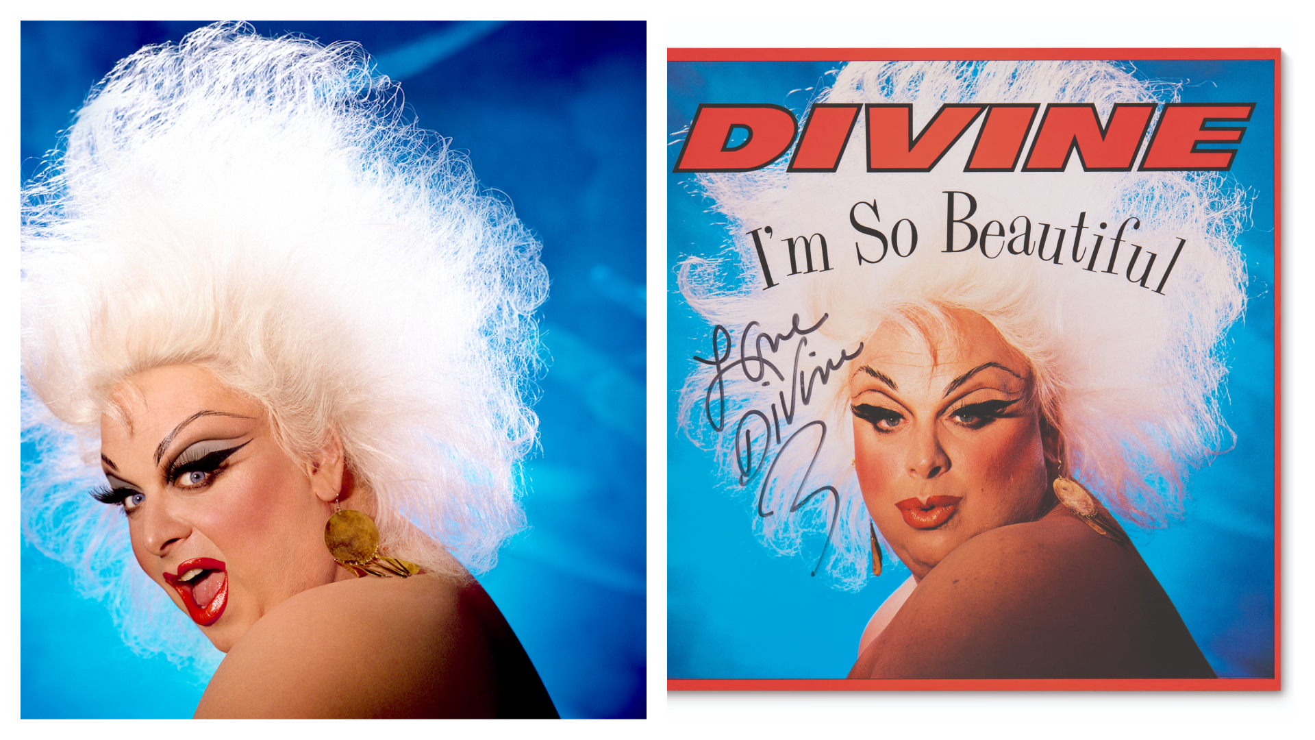 由Greg Gorman於1984年攝影的Divine肖像照（左），與1984年Divine簽名的《I’m So Beautiful》12吋單曲黑膠唱片（右），同樣由Greg Gorman攝影。（LOEWE提供）