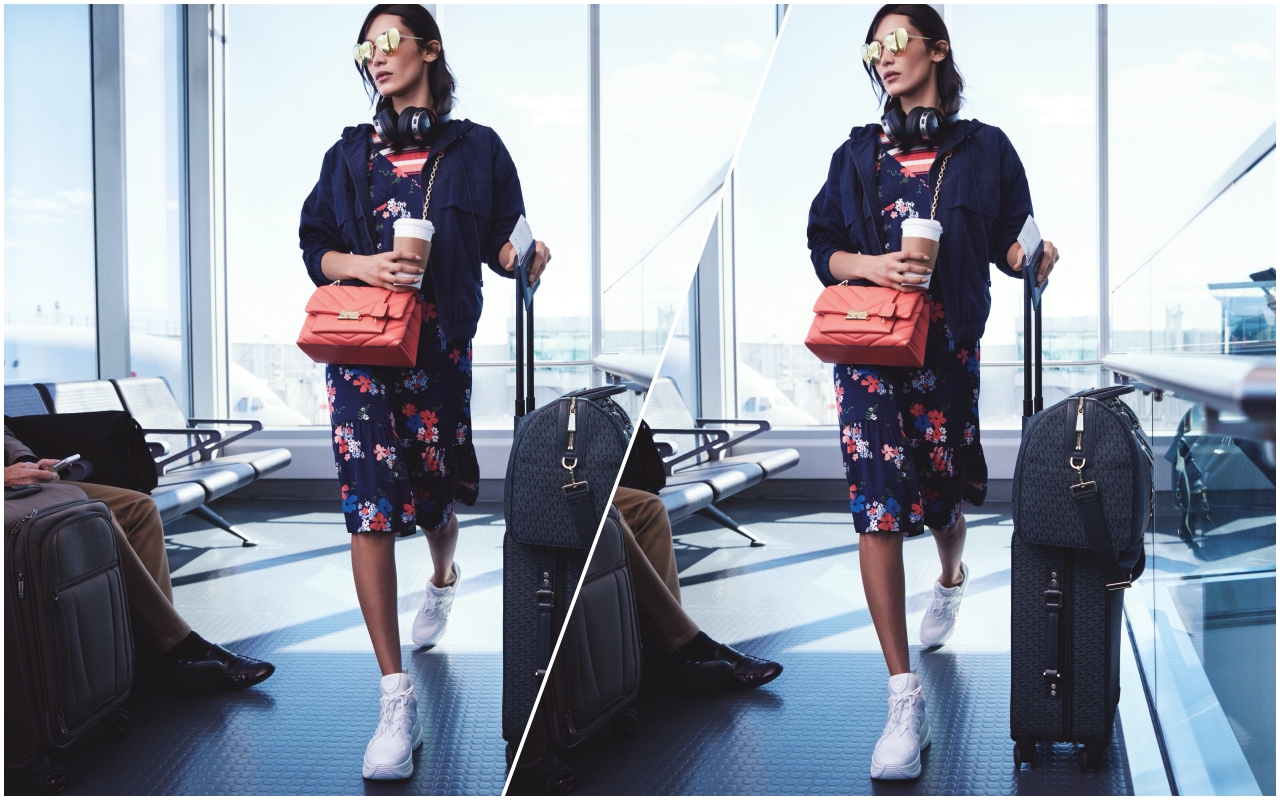 超模Bella Hadid穿著輕柔的印花洋裝搭配純白色老爹鞋，以完美比例展現自我風格的街頭時尚。（MICHAEL KORS提供）