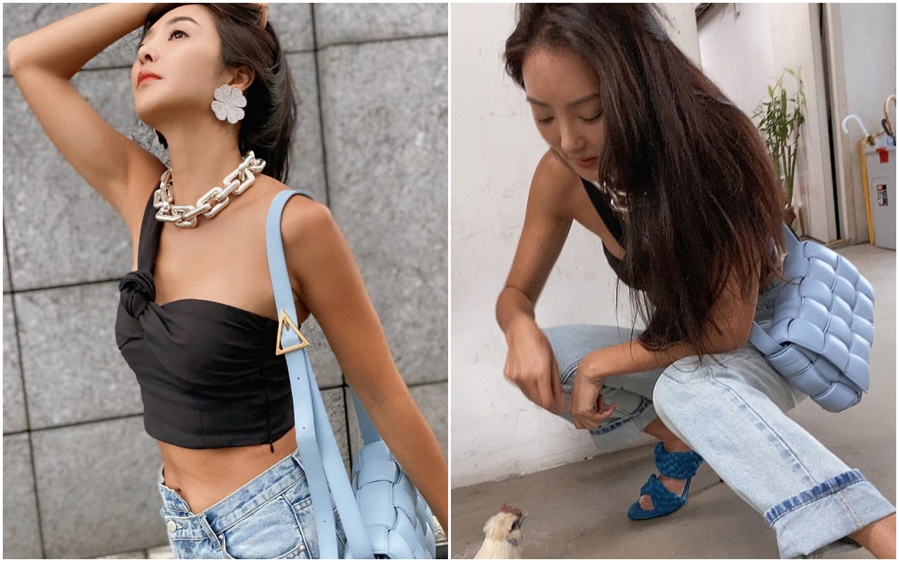 吳速玲以亮色系的BV包款搭配黝黑膚色的好身材，非常夏日女郎。編織小羊皮肩背包 NT$88,500（翻攝自吳速玲IG）