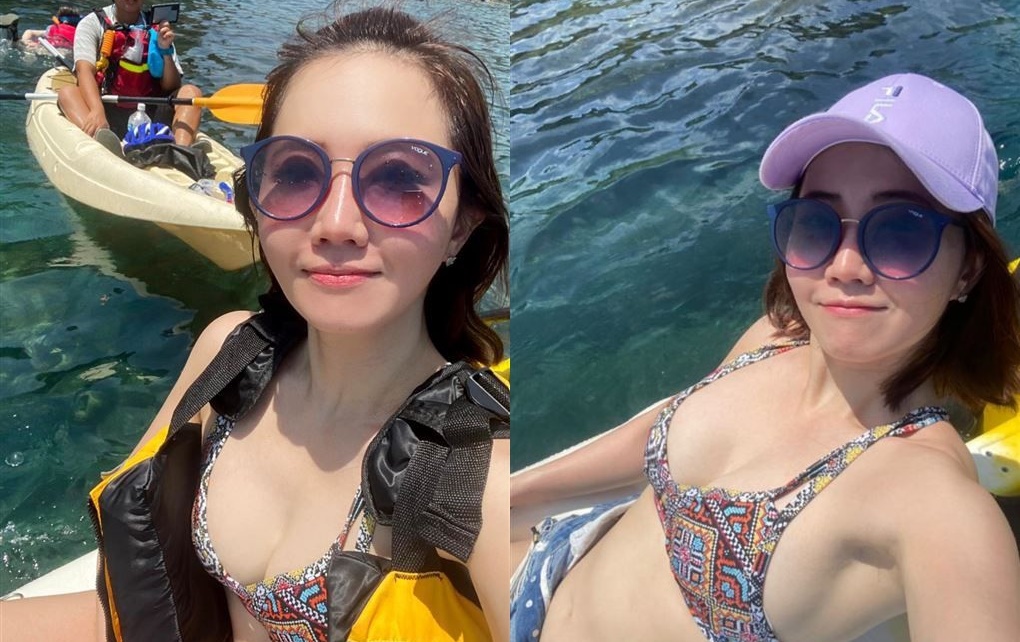 謝忻臉書發文，說自己正在出外景，比基尼照相當「胸狠」。（翻攝自謝忻臉書）