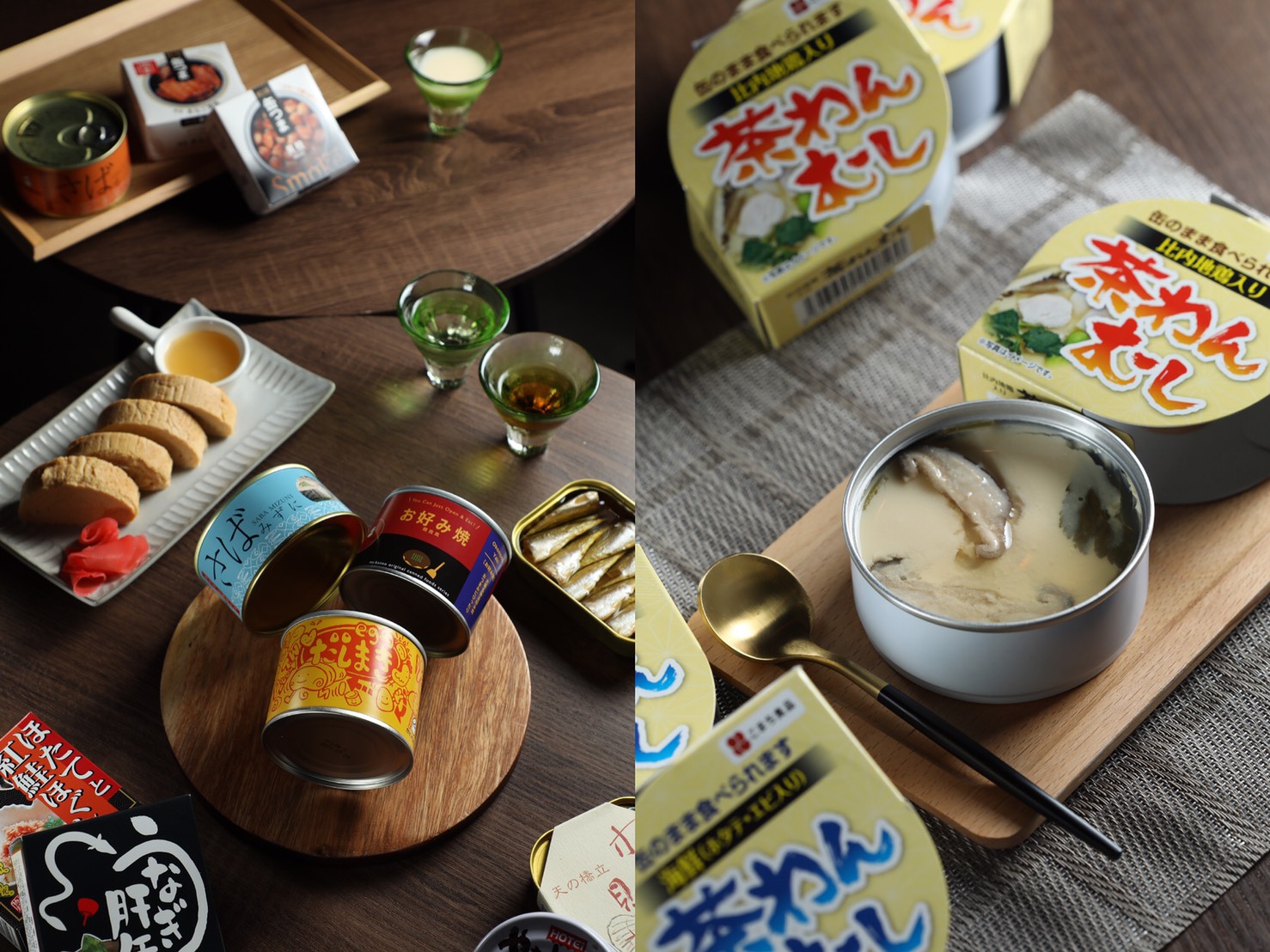 在日本有40多間店鋪的罐頭酒吧「mr. kanso」終於來台，還帶來「京都高湯玉子燒」（圓型木盤上的黃色罐頭，299元／罐）、「雞肉日式茶碗蒸」（右，299元／罐）及各地限定海鮮、水果等奇特罐頭。