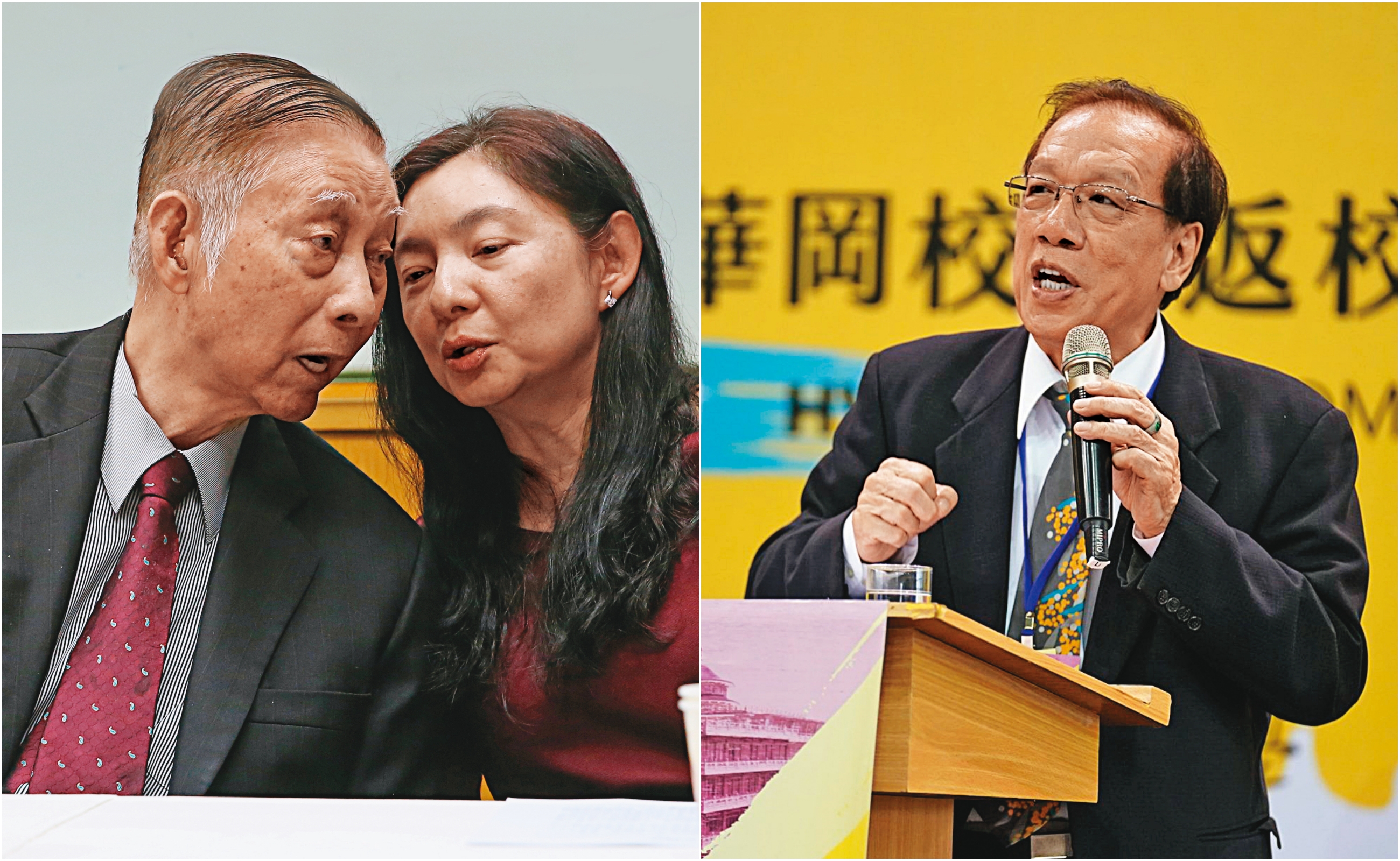 張鏡湖(左圖左)去世後,文大董座懸缺逾半年,女兒張海燕(左圖右)的家族派與主張公共化的校友改革派僵持不下;文大董事黃有良(右/翻攝文化大學校友總會臉書)等校友派主張,私校是公共財不屬於家族,希望走向公共化。