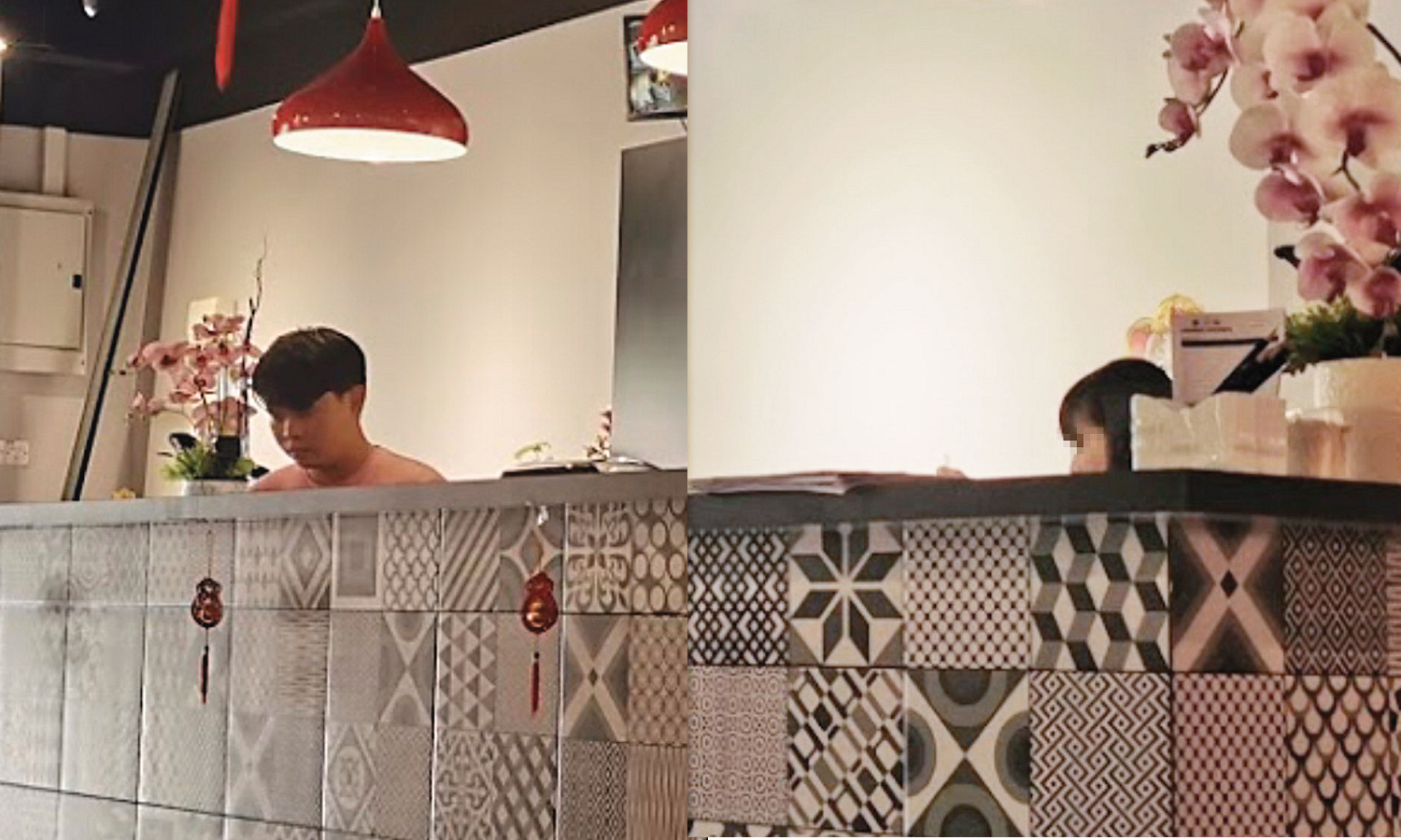 假富商鄭楚豪（左圖）和盛女（右圖）在麻六甲店內忙進忙出。（讀者提供）