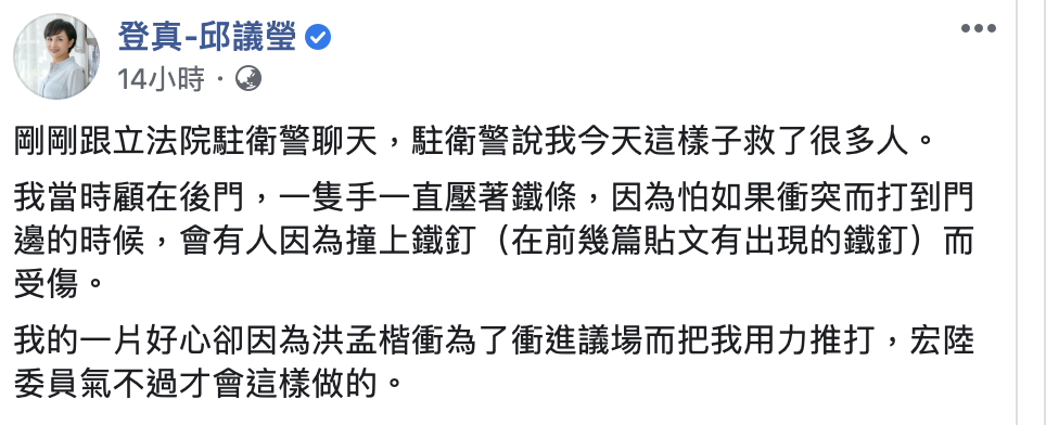 民進黨立委邱議瑩表示,張宏陸是看不過去她被洪孟楷打才動手的。(翻攝邱議瑩臉書)