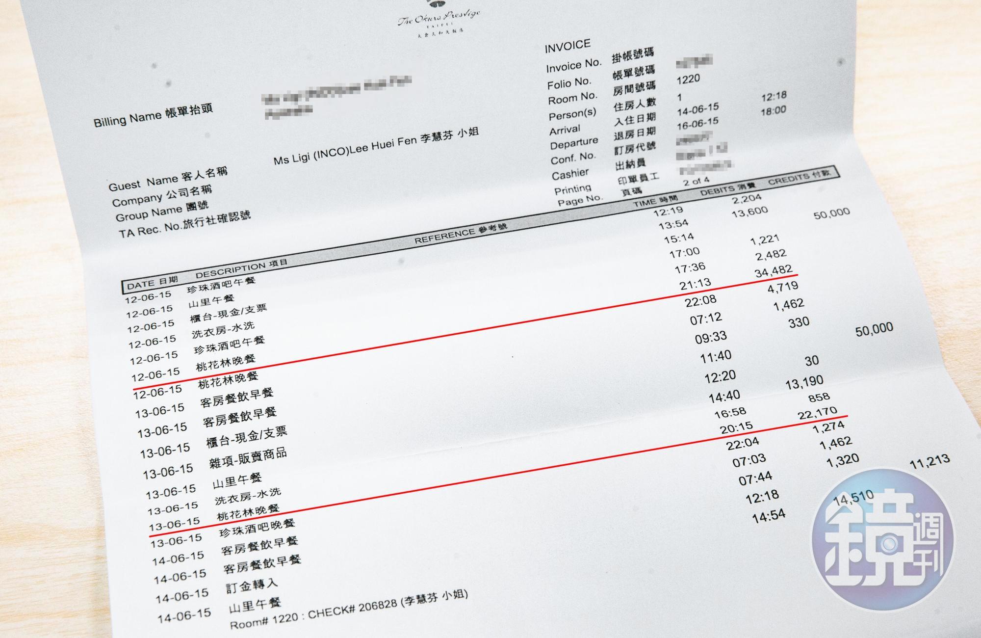 李慧芬在五星級飯店揮霍無度,費用都由助理L先生刷卡代墊,最後在L先生要求下,李才不甘願地簽下本票、借據。(讀者提供)
