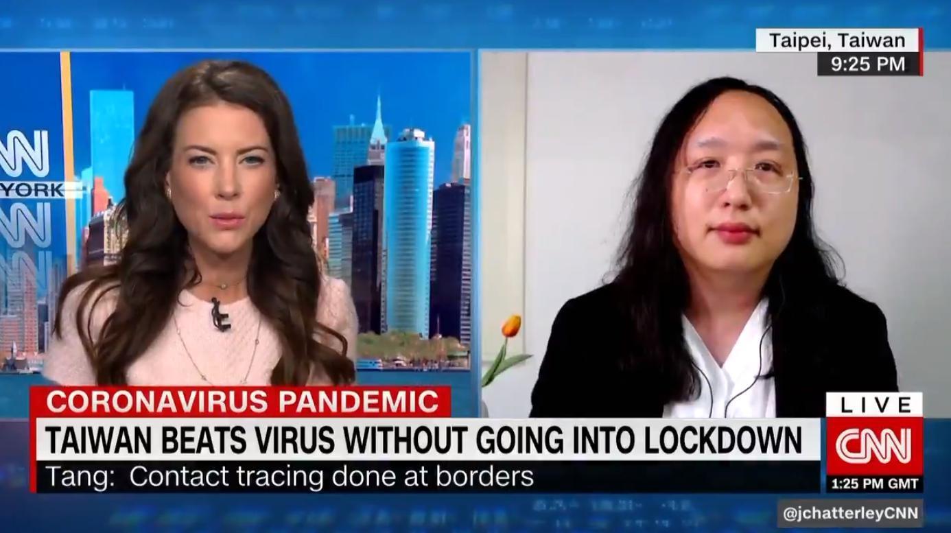 政委唐鳳接受美國《CNN》新聞專訪，分享台灣的防疫心得。（翻攝自@jchatterleyCNN 推特）