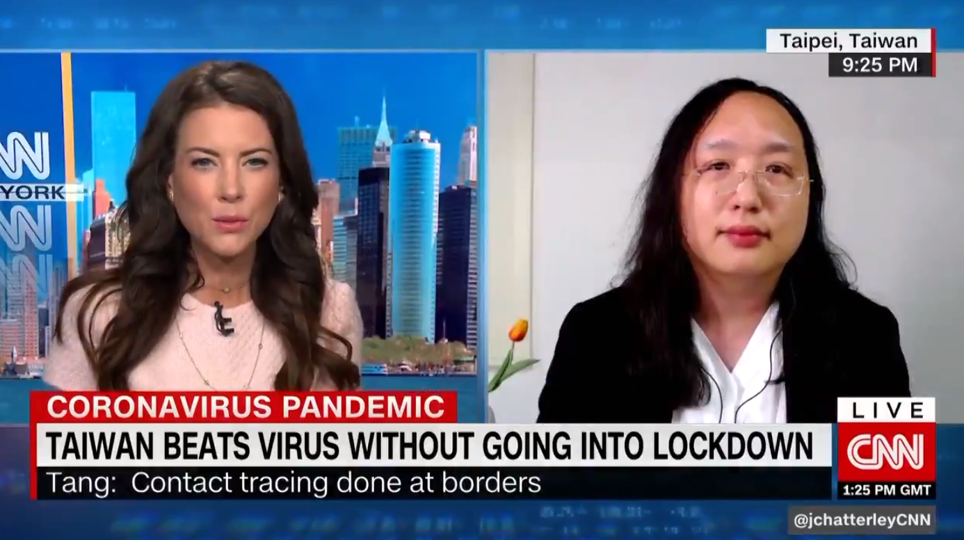 政委唐鳳接受美國《CNN》新聞專訪，分享台灣的防疫心得。（翻攝自@jchatterleyCNN 推特）