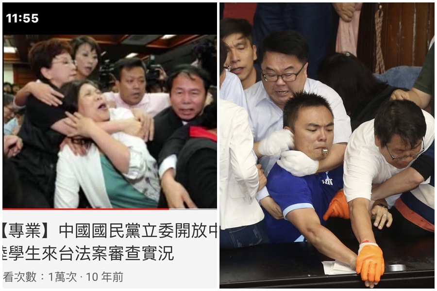 國民黨立委洪孟楷控訴民進黨立委吳秉叡從後方勒脖（右圖），讓管碧玲PO出曾被洪秀柱勒脖照片（左圖）。（左圖翻攝自管碧玲臉書）