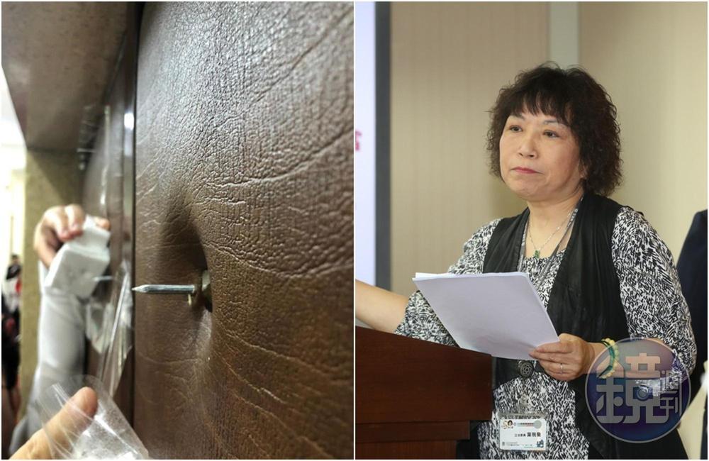 藍委在立法院門上釘上危險鋼釘，葉毓蘭強調不是自己做的。（左圖取自吳思瑤粉絲專頁）