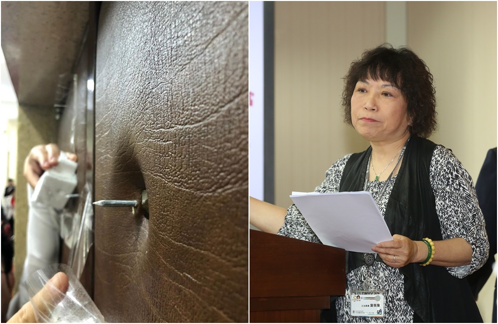 藍委在立法院門上釘上危險鋼釘，葉毓蘭強調不是自己做的。（左圖取自吳思瑤粉絲專頁）