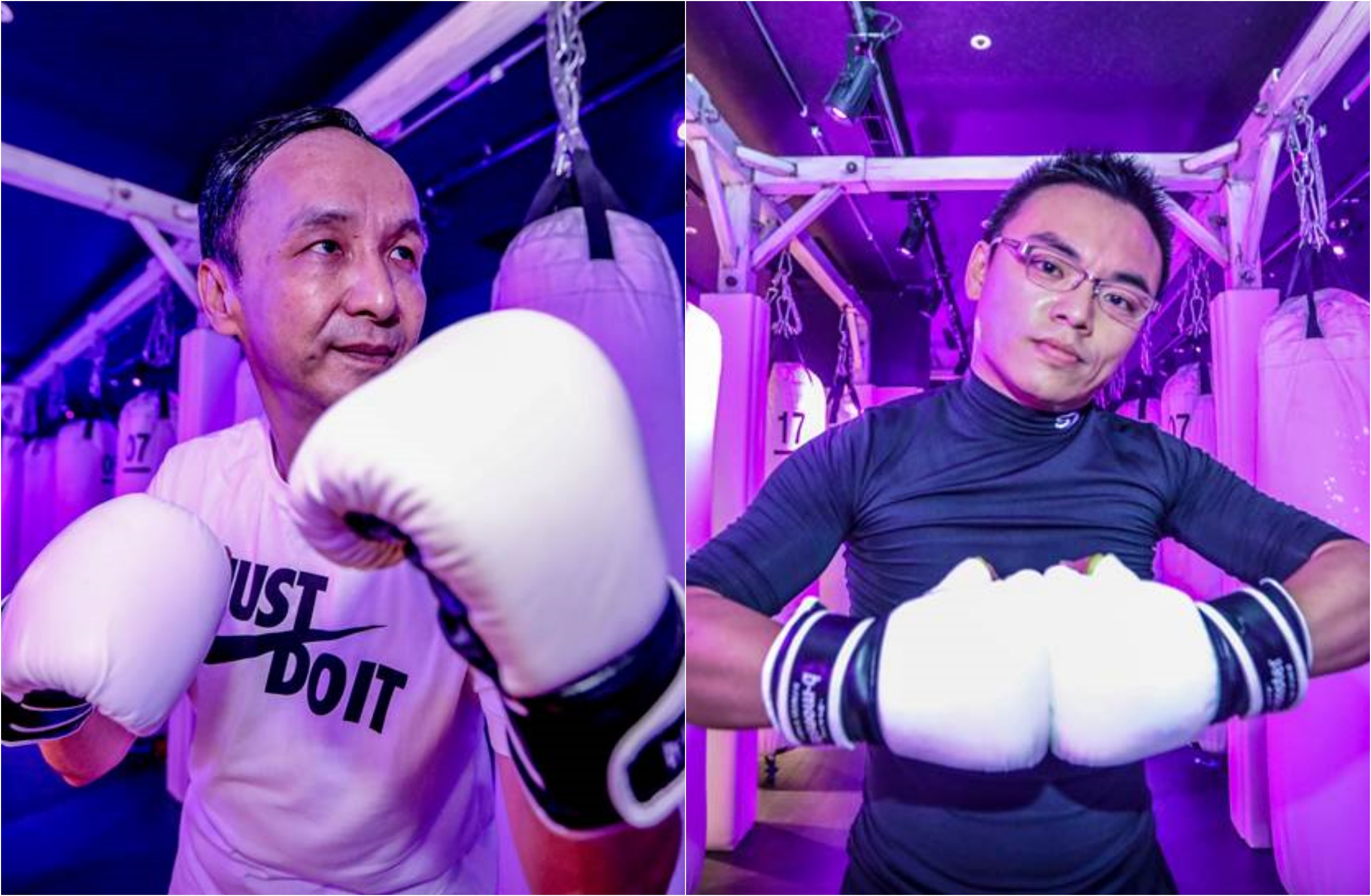 國民黨前主席朱立倫（左）率洪孟楷（右）等藍委進行拳擊特訓。（朱立倫辦公室提供）