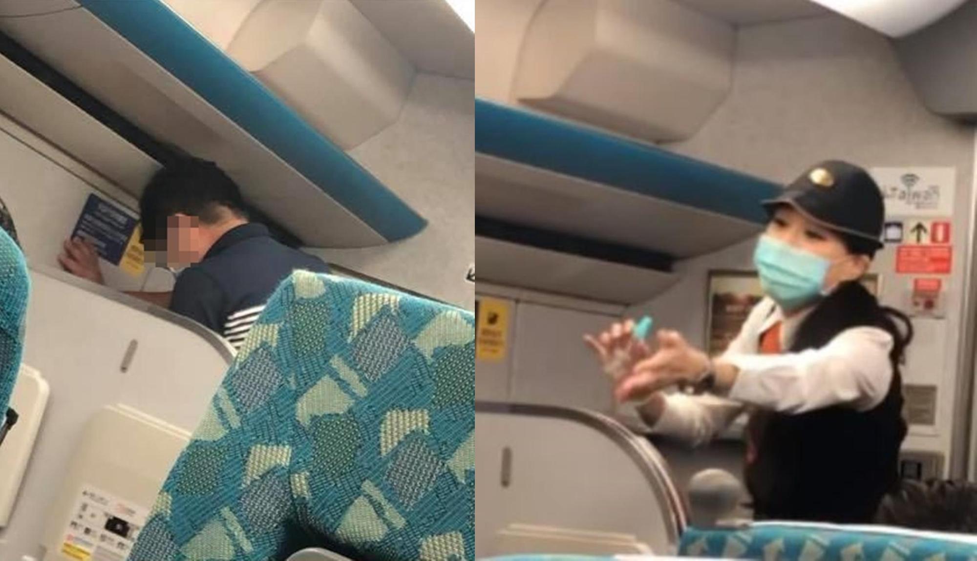 高鐵6月30日南下列車295車次,有醉漢上車將行李放置區當廁所小便。(翻攝自爆料公社)