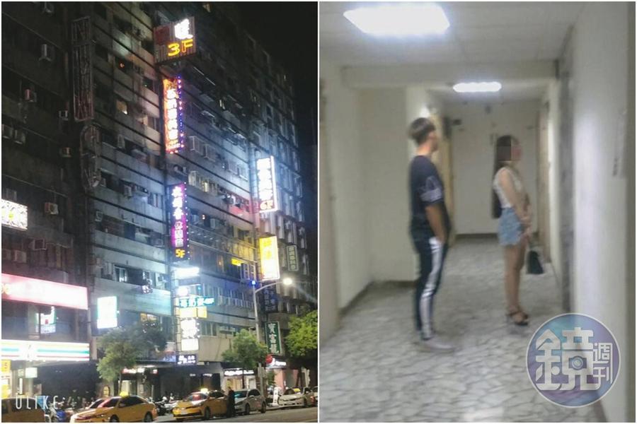 七賢一路一棟老舊大頭外掛著多家護膚美容會館招牌，實則進行色情交易；外籍女子與男客要到大樓內房間進行交易。(讀者提供)