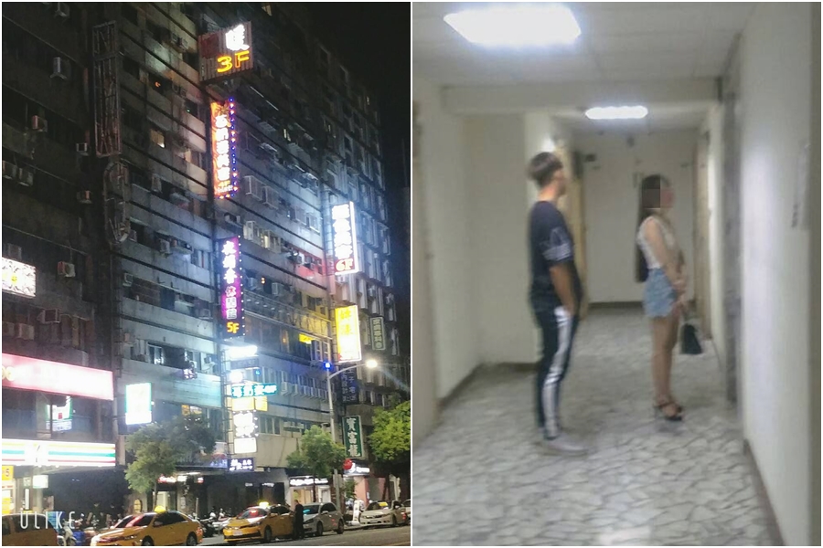 七賢一路一棟老舊大頭外掛著多家護膚美容會館招牌，實則進行色情交易；外籍女子與男客要到大樓內房間進行交易。(讀者提供)