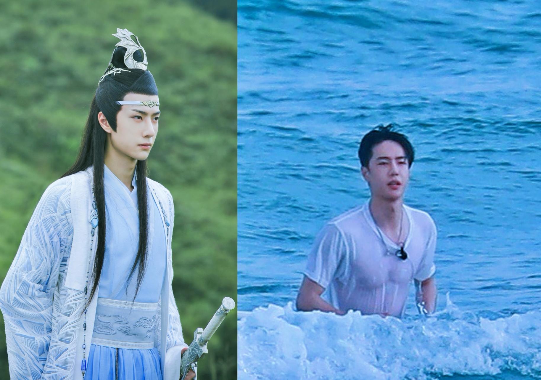 王一博在《陳情令》飾演藍忘機時身形清瘦，與現在相比簡直兩樣。（網路圖片）