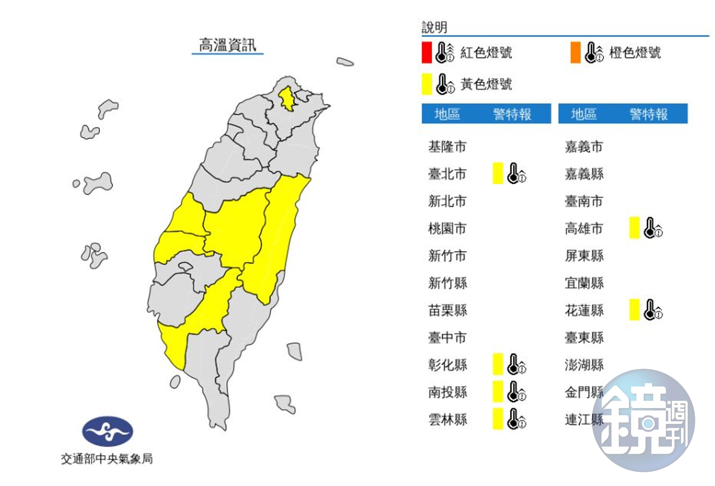 中央氣象局針對全台灣6縣市發布「高溫警報」。（翻攝自中央氣象局）