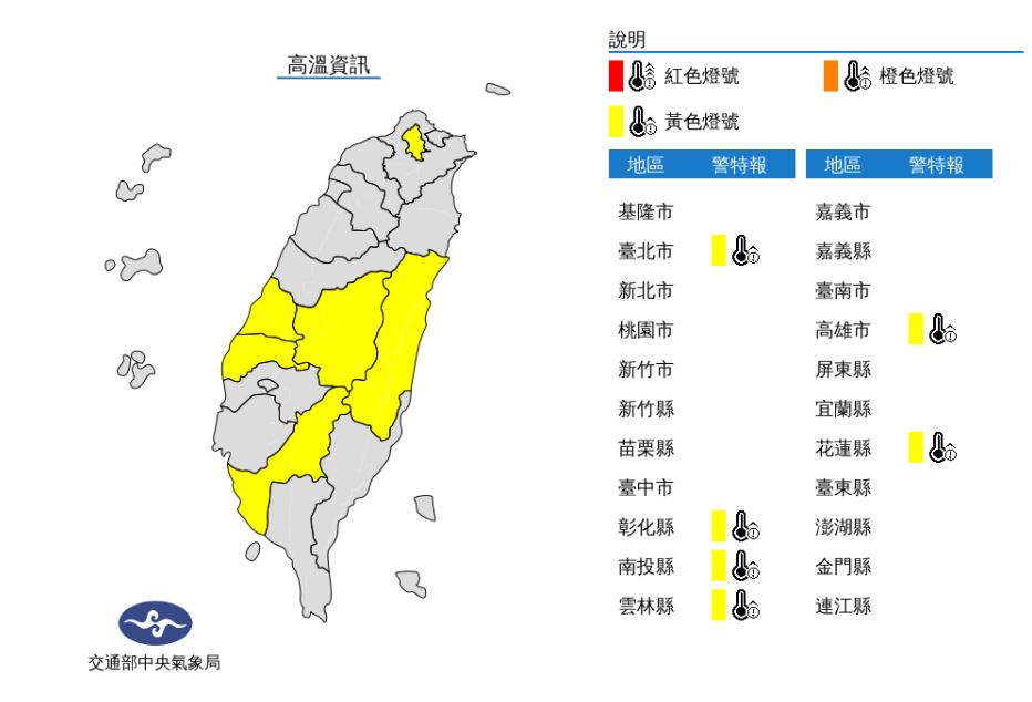 中央氣象局針對全台灣6縣市發布「高溫警報」。（翻攝自中央氣象局）