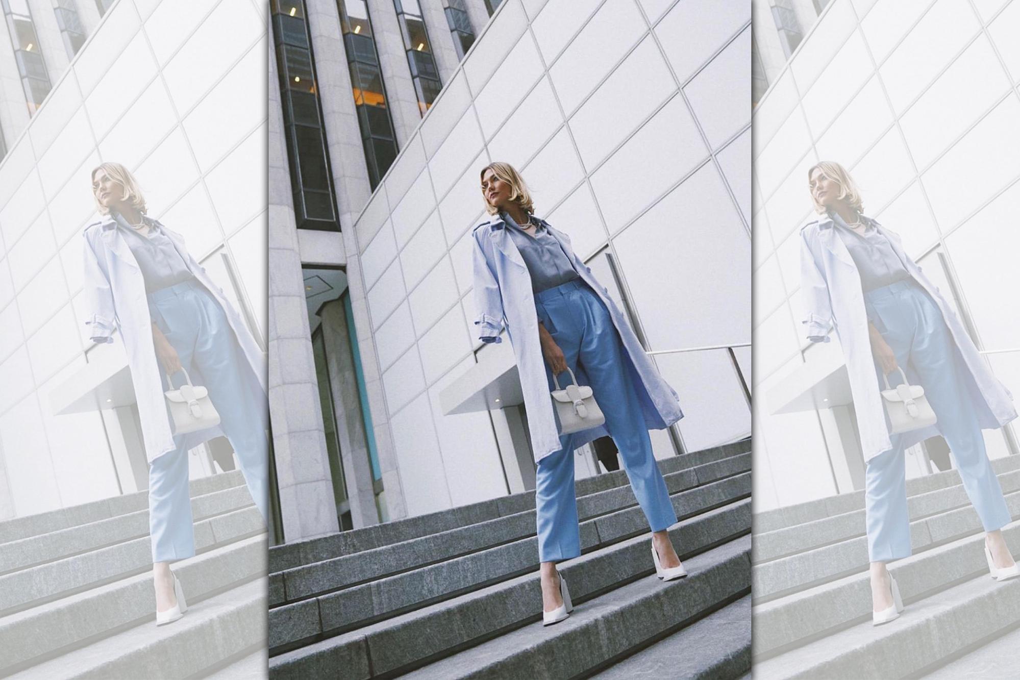 Karlie Kloss炫天使長腿，攜Brillant系列象牙白小型牛皮肩揹手提包，展現超模強大氣場。（美之心提供）