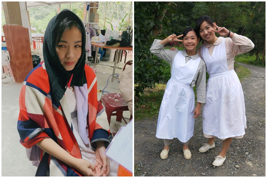 與謝欣諭（右圖左）初次見面，米可白還貼心準備了小禮物拉近彼次距離。米可白淋雨戲拍了一整天，她趁拍攝空檔披上毛巾和毯子保暖，還搞笑的把自己包得像「開喜婆婆」。（台視提供）