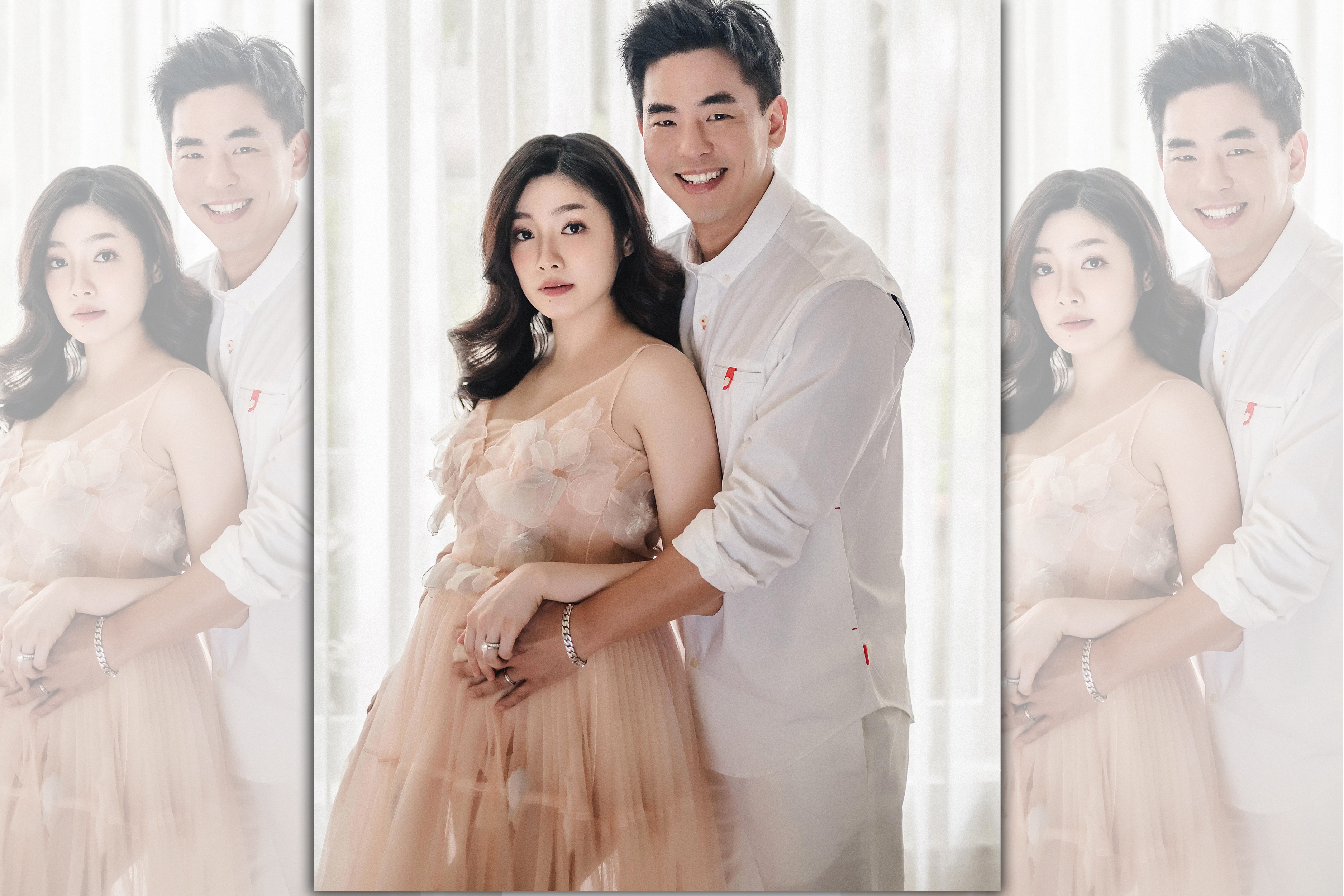 柯有倫與妻子Donna拍產前寫真，Donna換上充滿仙氣的蜜桃粉輕紗禮服，長腿一覽無遺。（LinLi Boutique提供）