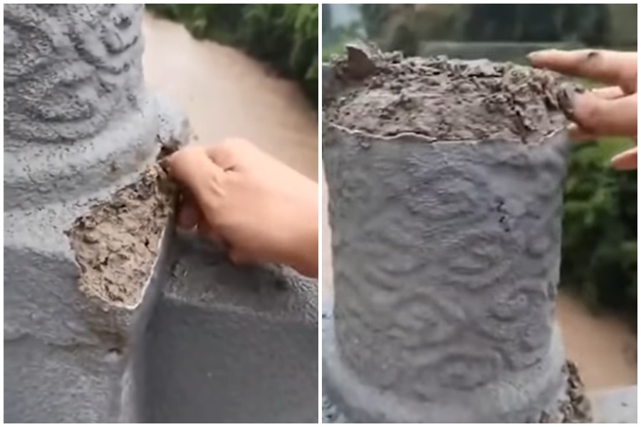 在中國重慶有座大橋，橋上石柱受到雨水浸泡，路人徒手捏石柱，上面的水泥竟然瞬間掉落。（翻攝自Youtube）