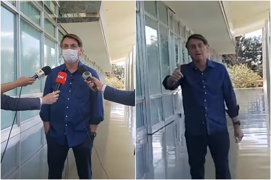 巴西總統波索納洛7日在記者會上宣布自己確診，不過他竟不顧現場記者們的安危，突然脫下口罩比讚說「我很好！」（翻攝自Jair Bolsonaro YouTube頻道）