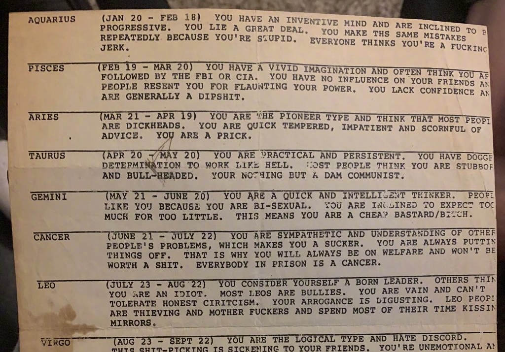 外國網民發現一張70年代的星座運勢書，網友將其翻成中文與大家分享。（翻攝自萬莉娜臉書）