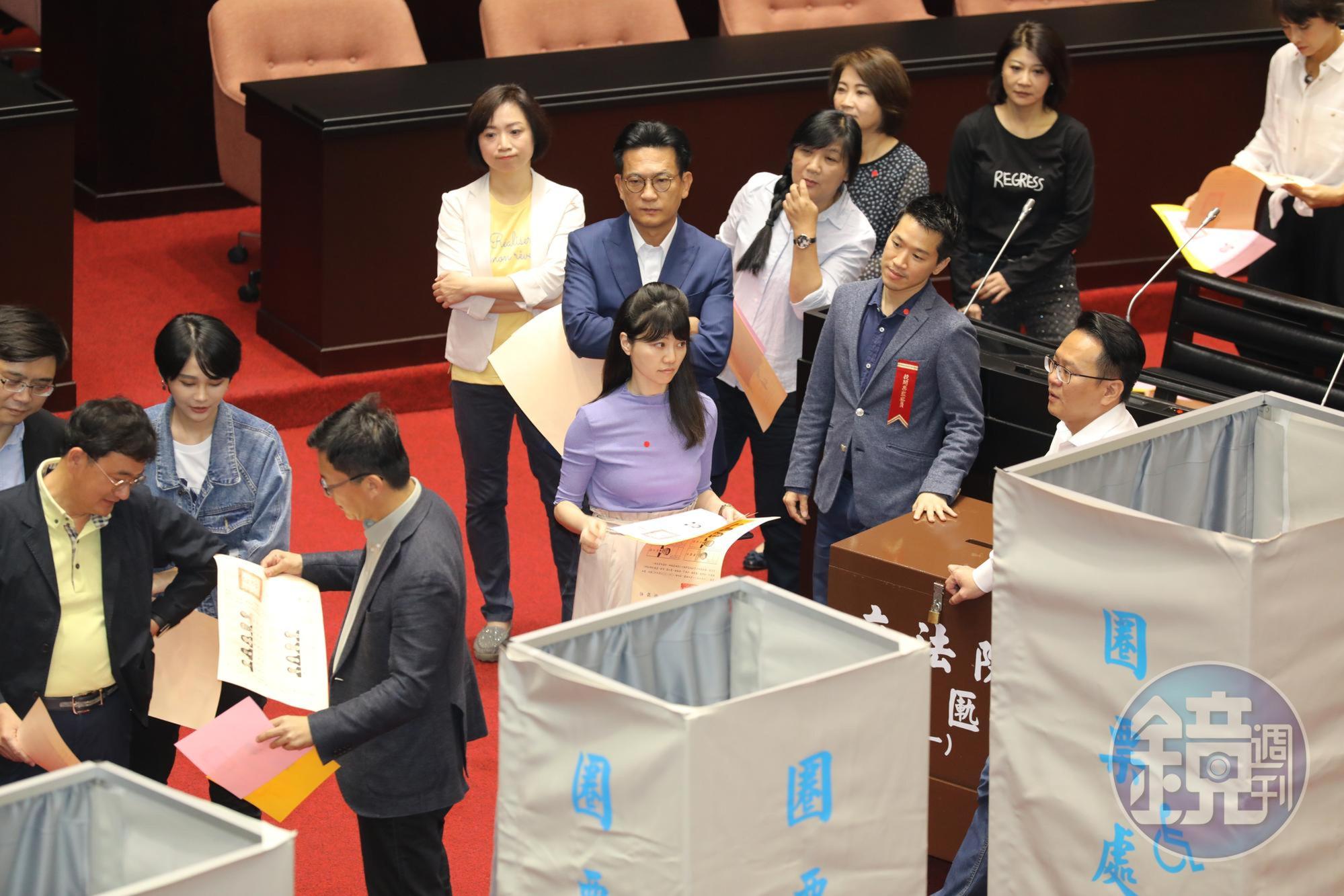 民進黨立委排隊進入投票區圈選選票。