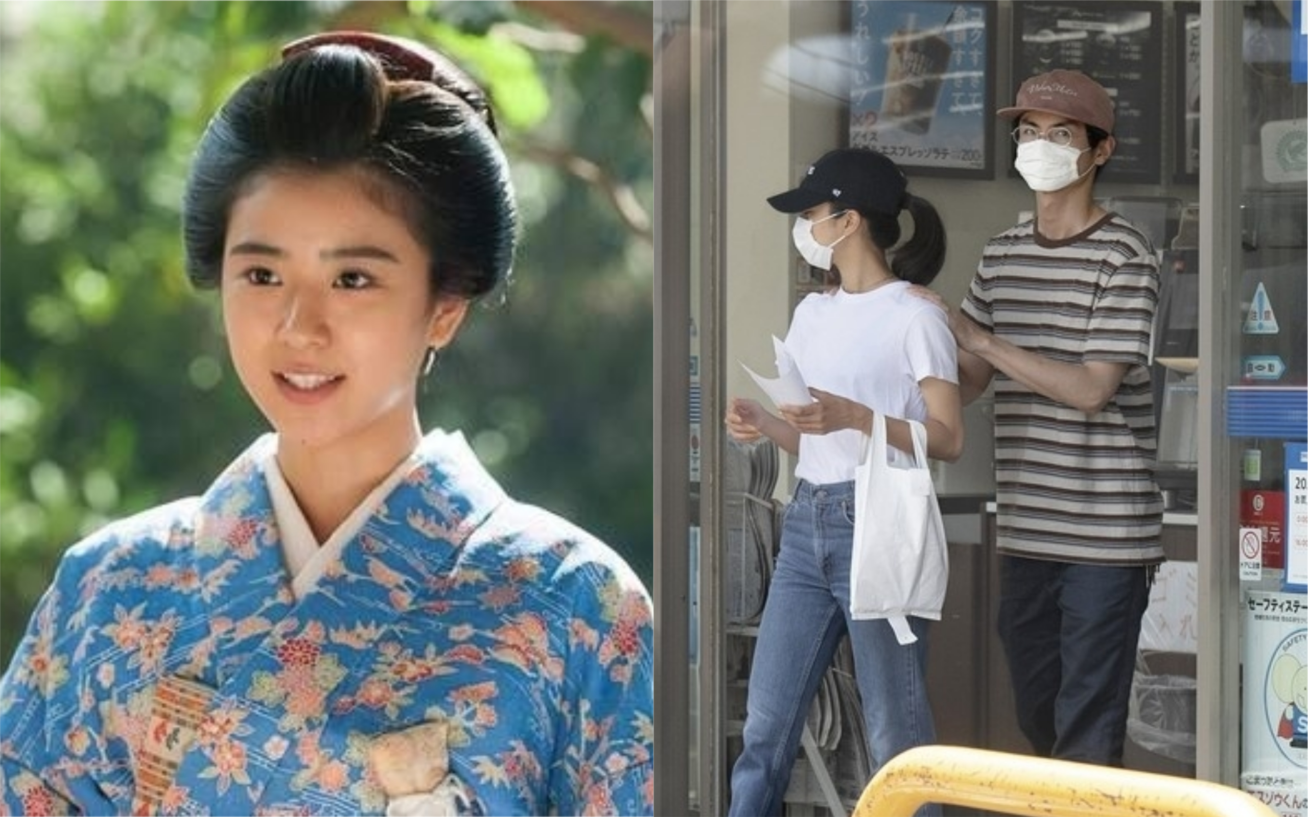 黑島結菜（左）曾演出NHK大河劇《花燃》，與劇中老公高良健吾假戲真做。（左圖翻攝NHK，右圖翻攝《FRIDAY》周刊）